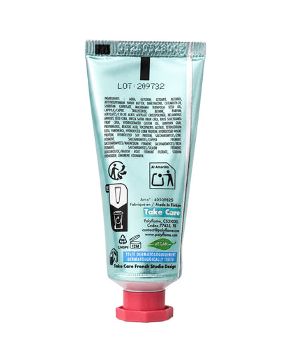 Vue arrière du tube de crème panda turquoise détaillant la formulation végétalienne, le logo de recyclage et les informations du fabricant.