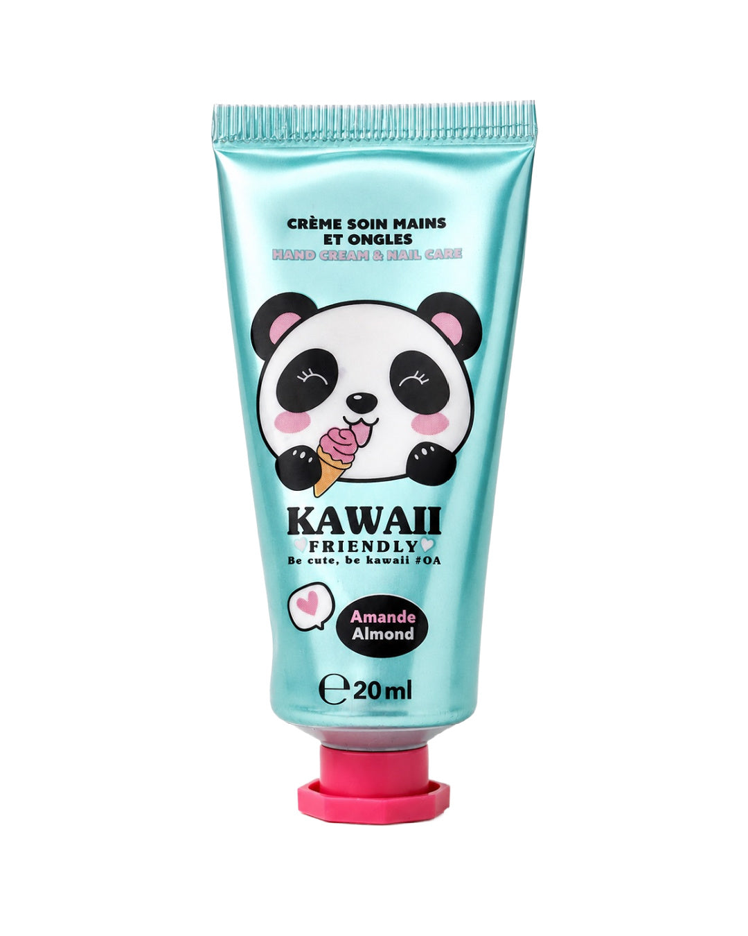 Vue de face du tube de crème vert turquoise à l'effigie d'un adorable panda mangeant une crème glacée, parfum amande.