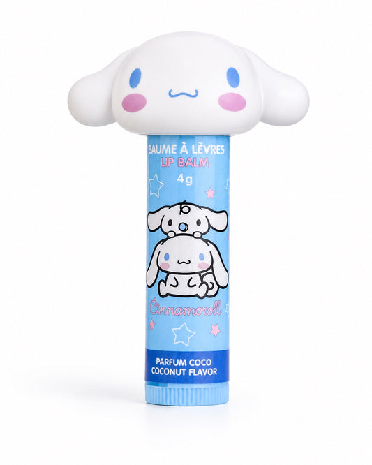Baume à lèvres bleu de 4 g avec un bouchon en forme de tête 3D de Cinnamoroll présenté dans son emballage d'origine Take Care.