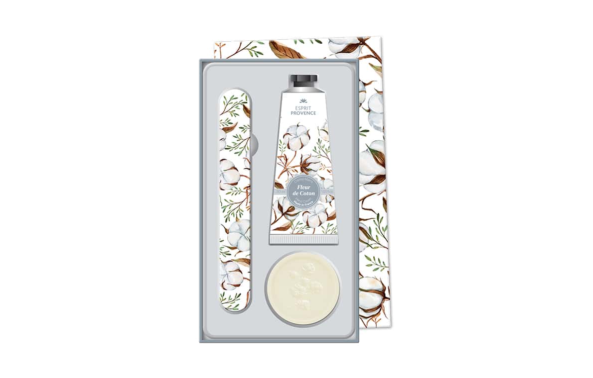 Coffret crème mains & lime à onglet & Savon 25 g - Fleur de coton