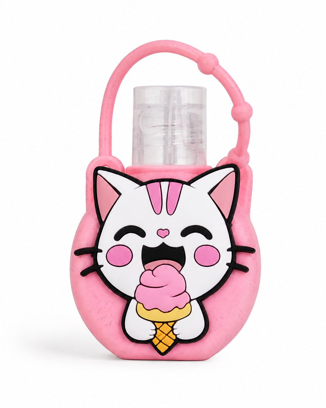 Face avant du gel désinfectant pour les mains avec son étui en silicone rose à paillettes en forme de petit chat blanc joyeux mangeant un cône glacé