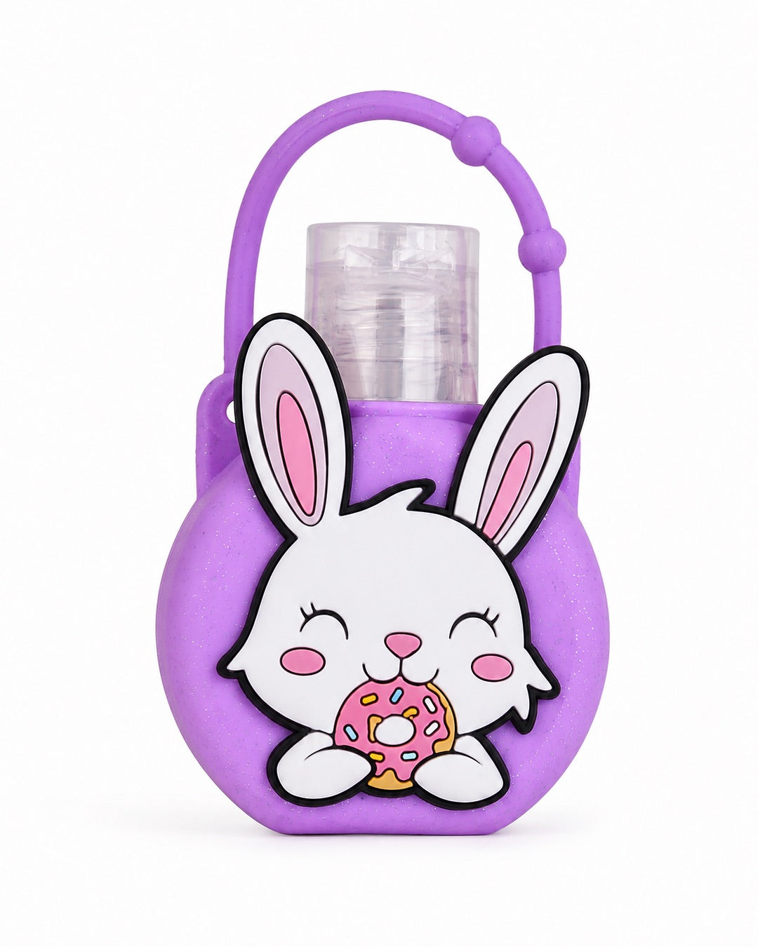 Face avant du gel désinfectant pour les mains avec son étui en silicone violet à paillettes en forme de joli lapin blanc tenant un beigne rose.