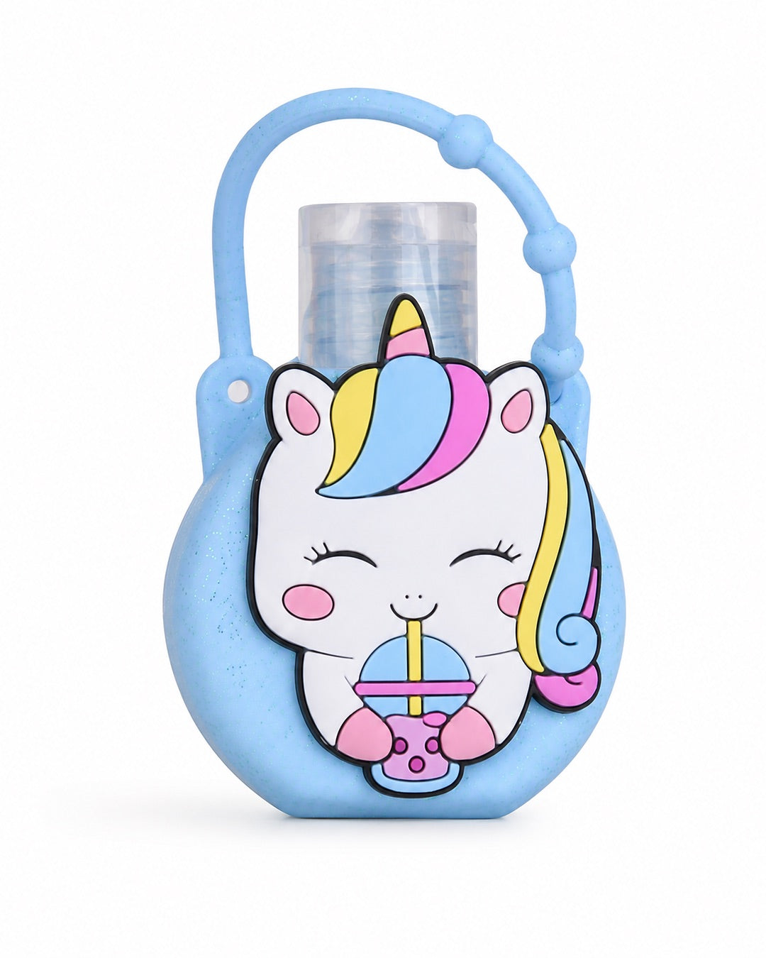 Vue de face du gel désinfectant pour les mains avec son étui en silicone bleu à paillettes en forme de jolie licorne blanche buvant un thé aux perles.