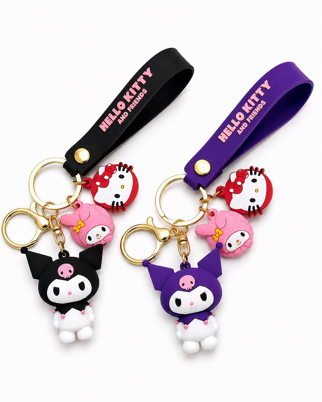 Vue de face de deux modèles de porte-clés figurines 3D Kuromi Sanrio côte à côte, l'un avec une figurine et une sangle noires et l'autre avec une figurine et une sangle violettes.