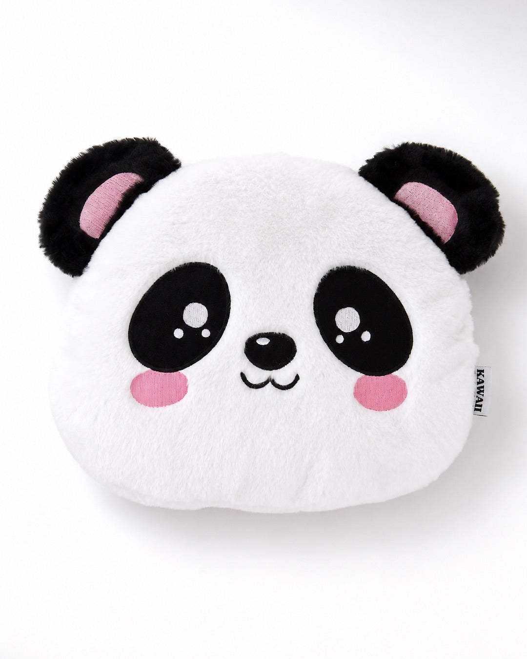 Bouillotte toutou panda blanc et noir au style kawaii avec des joues roses, vue de face sur fond blanc.