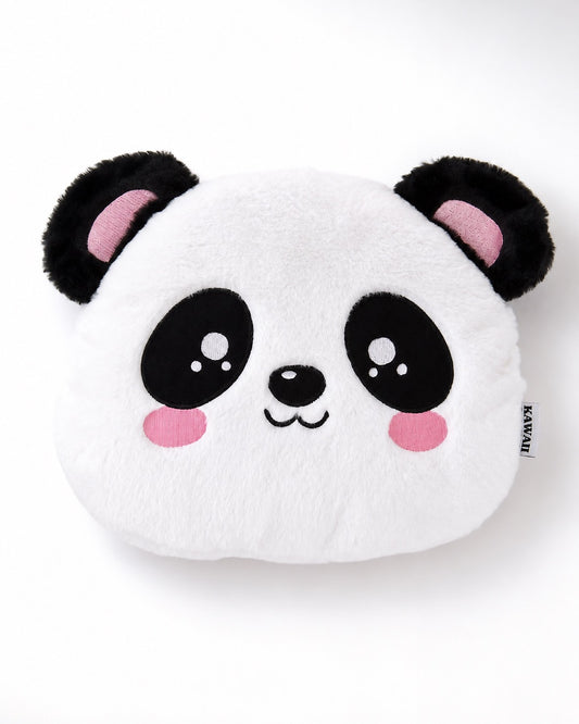Bouillotte toutou panda blanc et noir au style kawaii avec des joues roses, vue de face sur fond blanc.