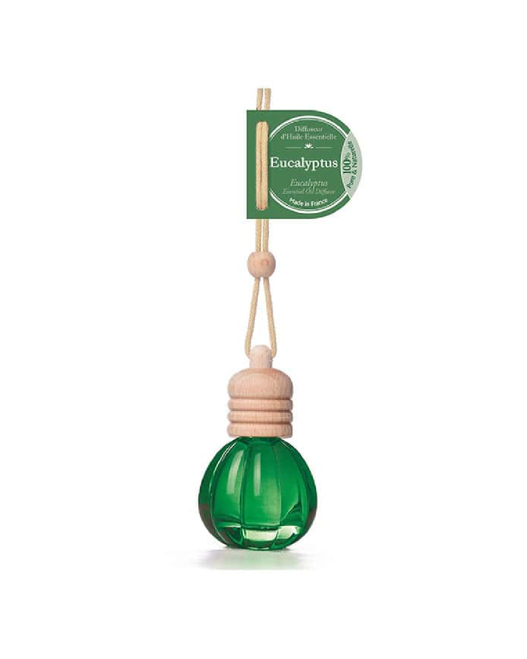 Diffuseur d’huile essentielle à suspendre 12 ml à l’Eucalyptus. Signé Esprit Provence. Fond blanc.
