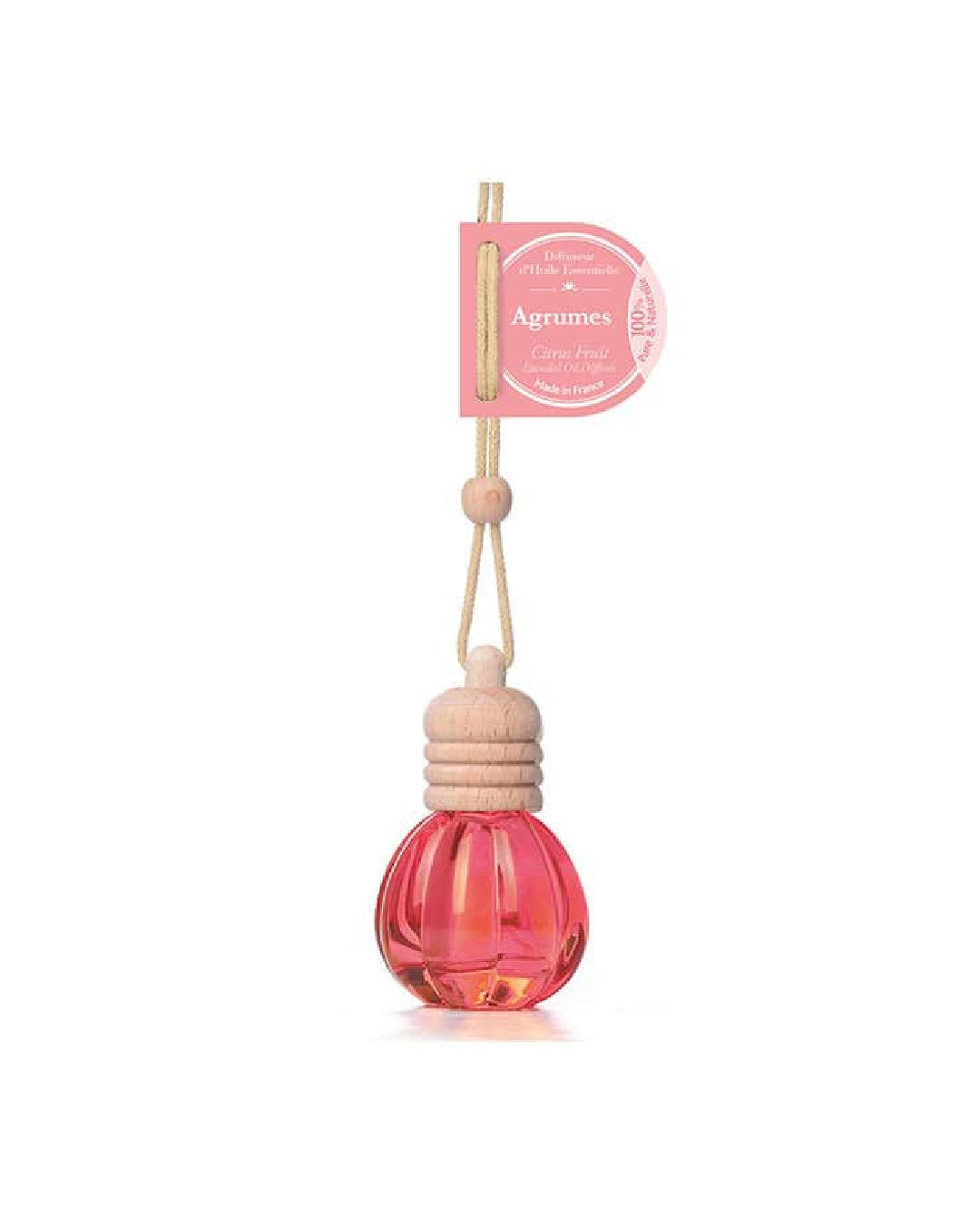Diffuseur d’huile essentielle à suspendre 12 ml aux Agrumes. Signé Esprit Provence. Fond blanc.