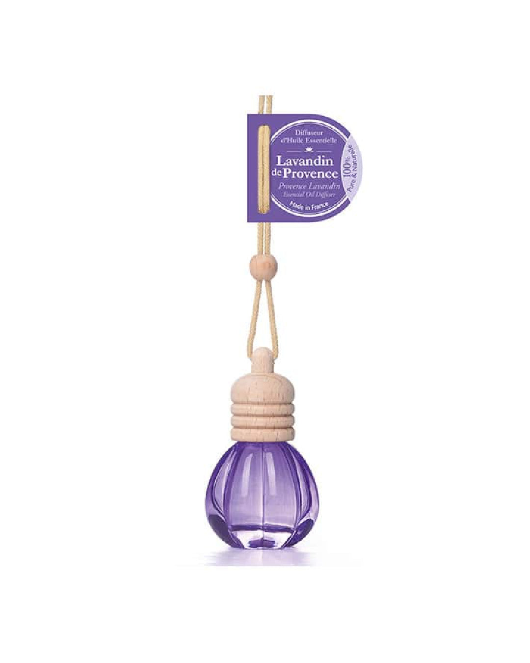 Diffuseur d’huile essentielle à suspendre 12 ml au Lavandin de Provence. Signé Esprit Provence. Fond blanc.