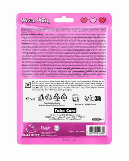 Vue arrière du sachet de masque Hello Kitty détaillant la liste complète des ingrédients, les conseils d’utilisation en plusieurs langues et les logos officiels de certification.
