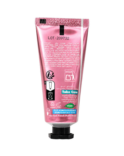 Vue arrière du tube de crème chat rose montrant les mentions de certification dermatologique, la contenance de 20 ml et le pays de fabrication.