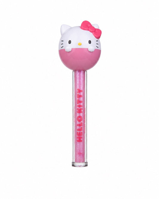 Vue de face du magnifique duo baume et brillant à lèvres Hello Kitty en forme de sucette géante rose pailletée.