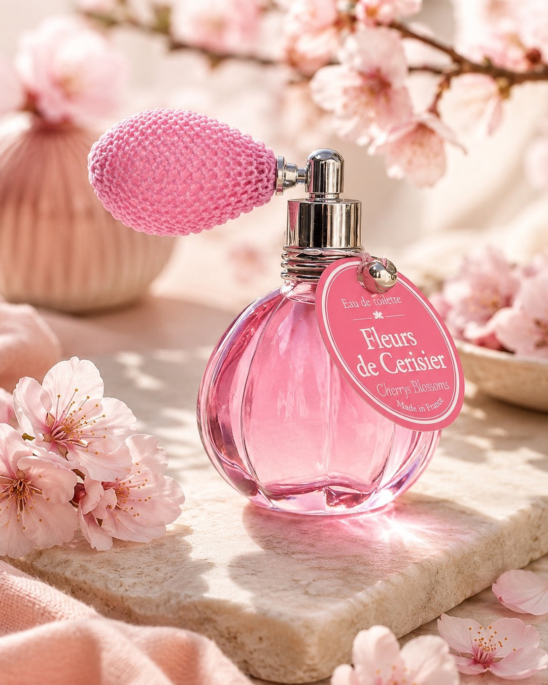 Eau de toilette de 12 ml au parfum de Fleurs de Cerisier, signée Esprit Provence. Son flacon en verre, rétro et cannelé, est doté d’un vaporisateur à poire vintage. Dans son ambiance olfactive.