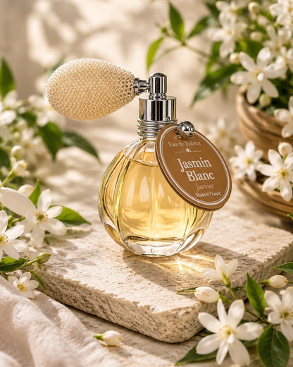 Eau de toilette de 12 ml au parfum de Jasmin Blanc, signée Esprit Provence. Son flacon en verre, rétro et cannelé, est doté d’un vaporisateur à poire vintage. Dans son ambiance olfactive.
