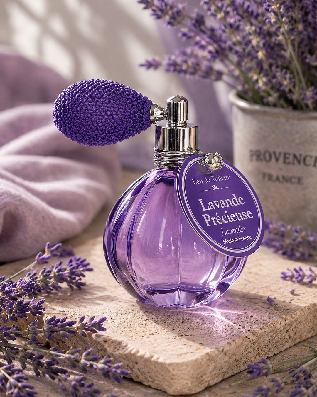 Eau de toilette de 12 ml au parfum de Lavande Précieuse, signée Esprit Provence. Son flacon en verre, rétro et cannelé, est doté d’un vaporisateur à poire vintage. Dans son ambiance olfactive.
