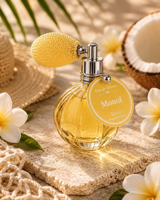 Eau de toilette de 12 ml au parfum de Monoï, signée Esprit Provence. Son flacon en verre, rétro et cannelé, est doté d’un vaporisateur à poire vintage. Dans son ambiance olfactive.
