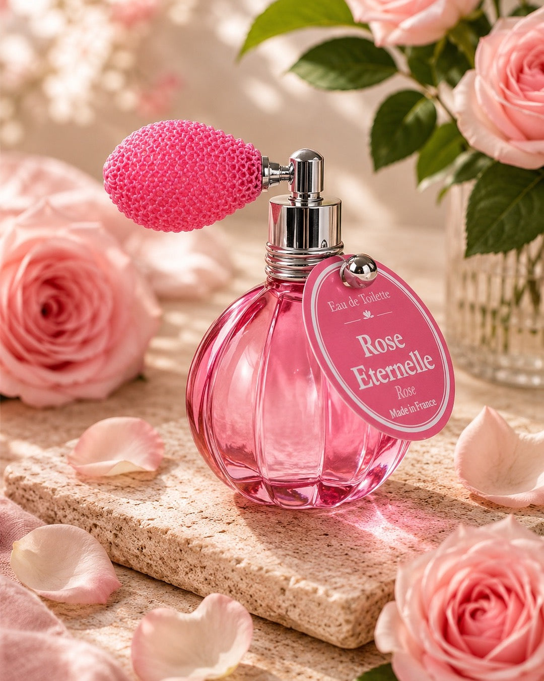 Eau de toilette de 12 ml au parfum de Rose Eternelle, signée Esprit Provence. Son flacon en verre, rétro et cannelé, est doté d’un vaporisateur à poire vintage. Dans son ambiance olfactive.