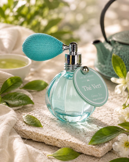 Eau de toilette de 12 ml au parfum de Thé Vert, signée Esprit Provence. Son flacon en verre, rétro et cannelé, est doté d’un vaporisateur à poire vintage. Dans son ambiance olfactive.