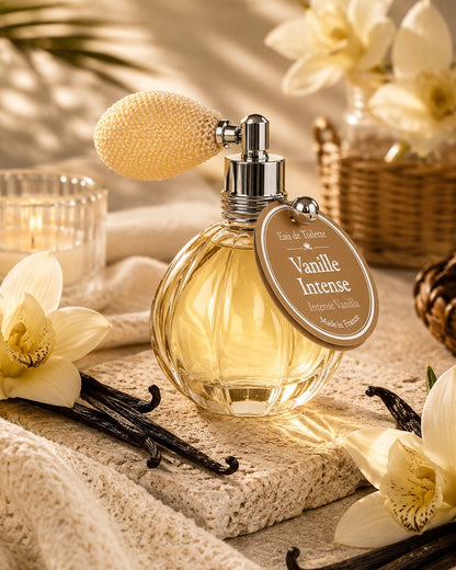 Eau de toilette de 12 ml au parfum de Vanille Intense, signée Esprit Provence. Son flacon en verre, rétro et cannelé, est doté d’un vaporisateur à poire vintage. Dans son ambiance olfactive.