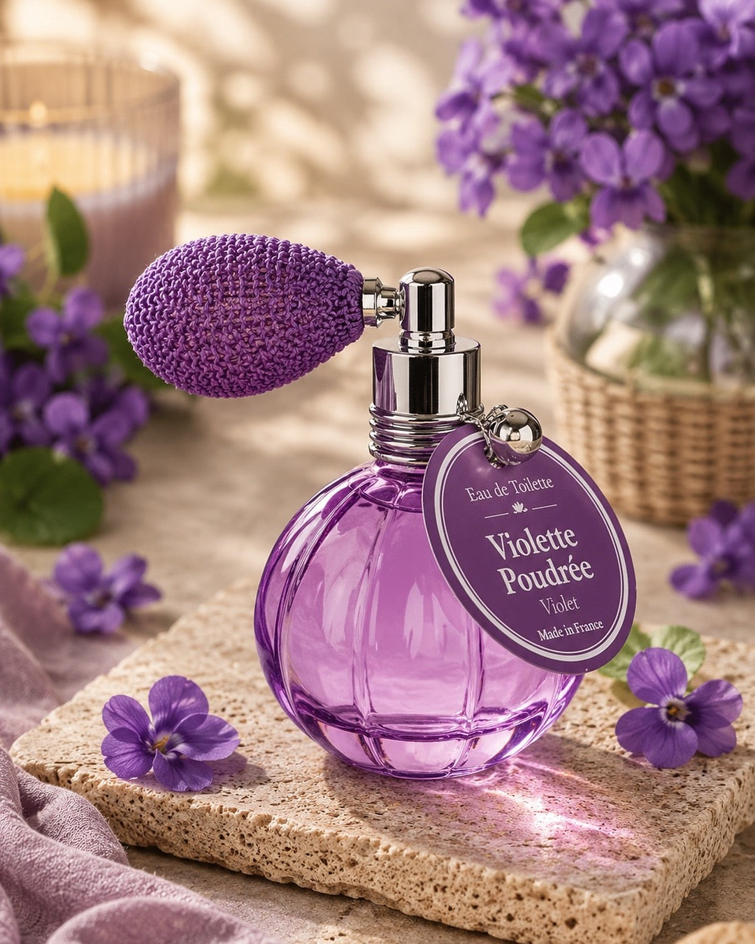 Eau de toilette de 12 ml au parfum de Violette Poudrée, signée Esprit Provence. Son flacon en verre, rétro et cannelé, est doté d’un vaporisateur à poire vintage. Dans son ambiance olfactive.