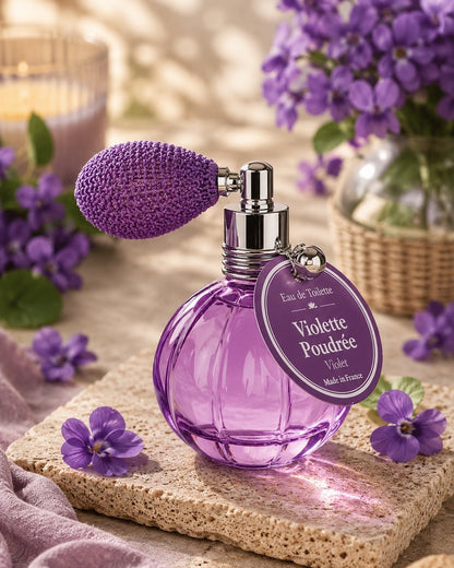 Eau de toilette de 12 ml au parfum de Violette Poudrée, signée Esprit Provence. Son flacon en verre, rétro et cannelé, est doté d’un vaporisateur à poire vintage. Dans son ambiance olfactive.