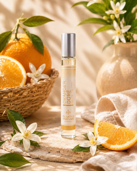 Eau de toilette format voyage vaporisateur 30 ml, fragrance Oranger Doré de Plantes & Parfums au parfum de Grasse. Dans son ambiance olfactive.