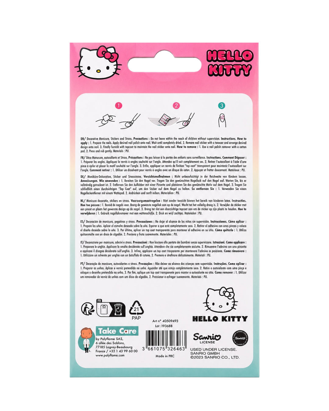 Vue arrière de l’emballage turquoise et rose affichant les instructions illustrées en plusieurs langues, la liste des composants et les logos Sanrio.