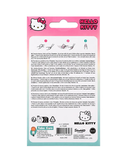 Vue arrière de l’emballage turquoise et rose affichant les instructions illustrées en plusieurs langues, la liste des composants et les logos Sanrio.