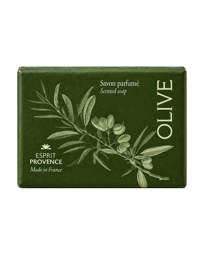 Savon en barre aux Fleurs d’Olivier 140 g, enrichi en beurre de karité bio. Signé Esprit Provence. Dans son emballage papier sur fond blanc.