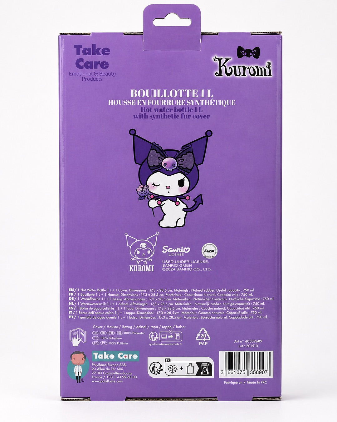 Vue arrière de l'emballage de la bouillotte Kuromi Sanrio montrant les consignes de sécurité, le mode d'emploi et le code-barres.