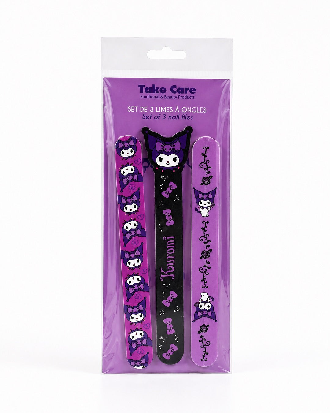 Trio de limes à ongles Kuromi Sanrio comprenant deux limes violettes et une lime centrale noire avec figurine de Kuromi vue dans son emballage transparent et violet.
