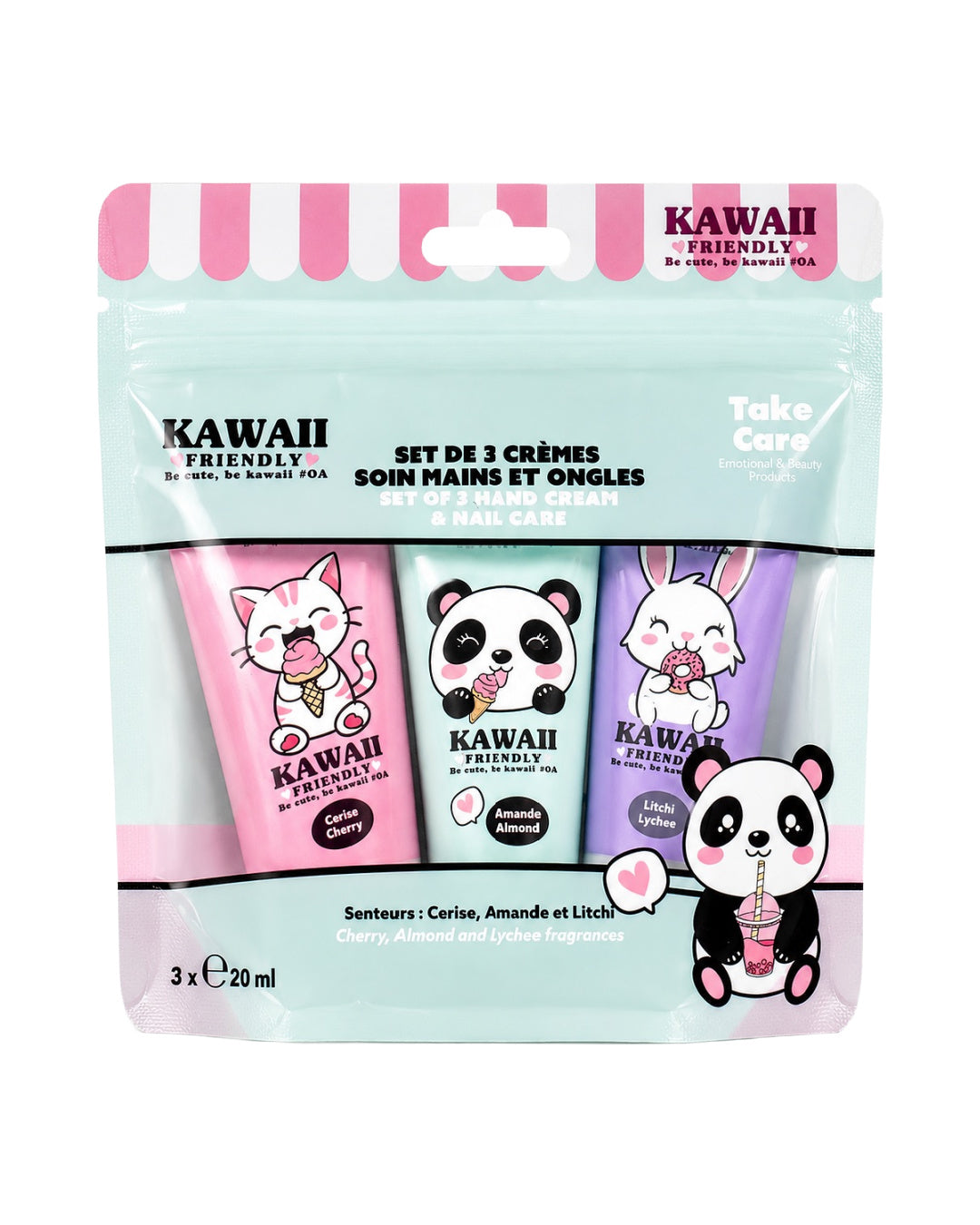 Vue de face de la pochette cadeau transparente contenant le lot de 3 crèmes pour les mains et les ongles aux illustrations Kawaii de chat, panda et lapin.