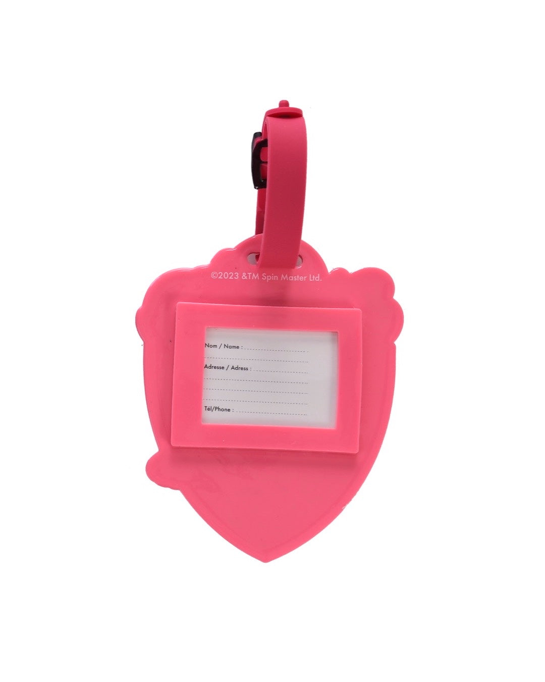 Vue arrière de l'étiquette en silicone rose de Stella La Pat' Patrouille. Elle révèle l'emplacement d'identification protégé par une fenêtre transparente avec une carte blanche pour inscrire le nom, l'adresse et le téléphone.