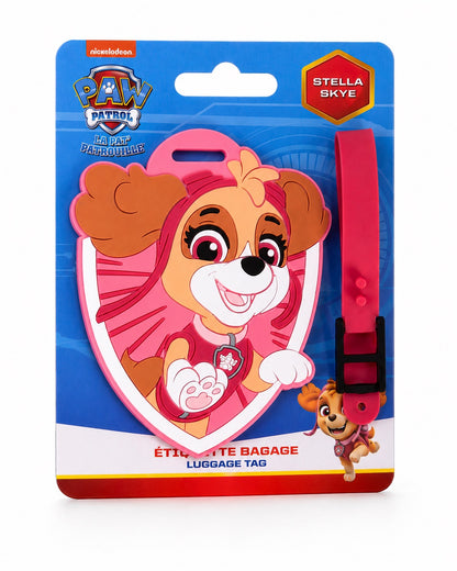 Emballage cartonné bleu officiel de l'étiquette à bagage La Pat' Patrouille représentant Stella la chienne aviatrice. La boîte comporte les mentions bilingues Étiquette Bagage / Luggage Tag ainsi que le badge rouge Stella / Skye.