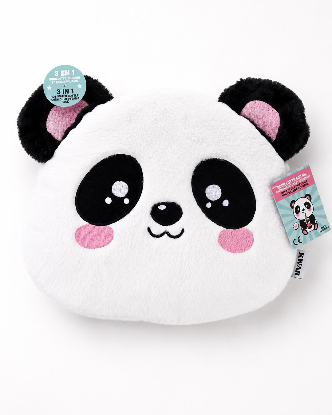 Peluche panda 3-en-1 servant de bouillotte, coussin et range-pyjama avec ses étiquettes d'emballage d'origine.