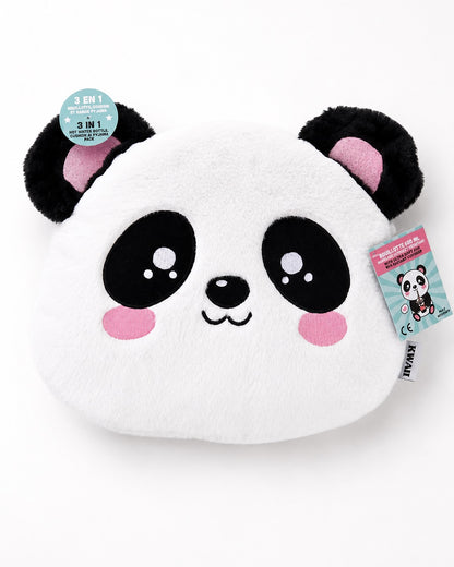 Peluche panda 3-en-1 servant de bouillotte, coussin et range-pyjama avec ses étiquettes d'emballage d'origine.