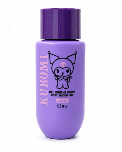 Pot de gel douche violet  pour le corps Kuromi Sanrio  au parfum éternel floral avec formule végan avec le dessin du personnage.