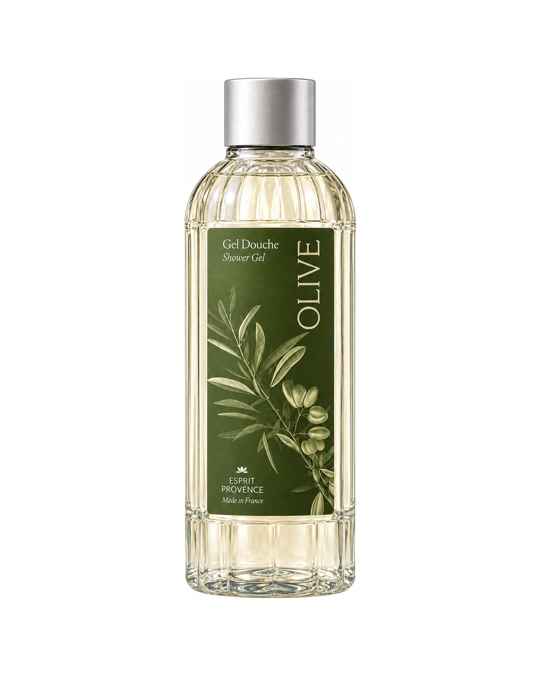 Gel douche aux Fleurs d’Olivier 245 ml, enrichi en jus d’aloe vera bio. Signé Esprit Provence. Fond blanc.
