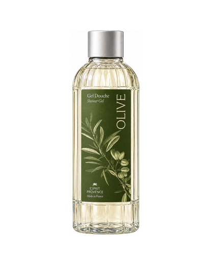 Gel douche aux Fleurs d’Olivier 245 ml, enrichi en jus d’aloe vera bio. Signé Esprit Provence. Fond blanc.