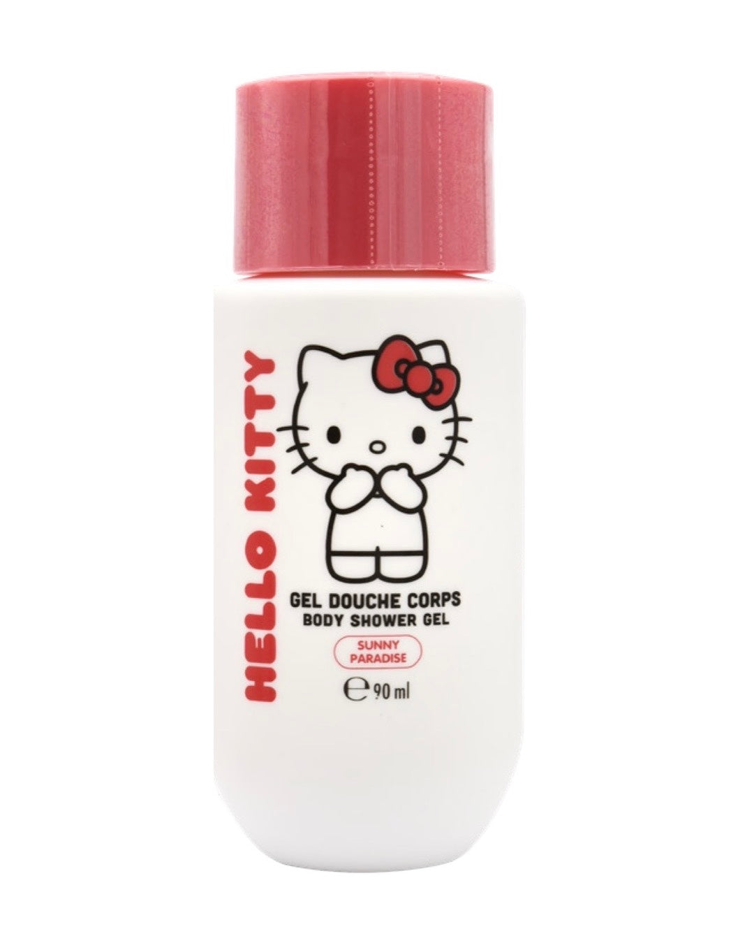 Pot  de couleur blanc et rouge de gel douche Hello Kitty de 90 ml au parfum floral de Sunny Paradise, affichant le mignon personnage aux écritures rouge et noir.