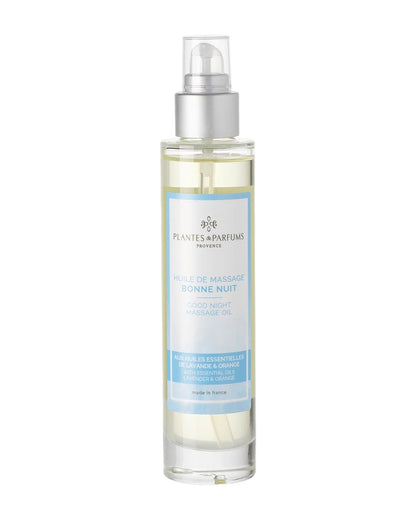 Huile de massage à pompe 100 ml, Bonne nuit de Plantes & Parfums. Contenant en verre.