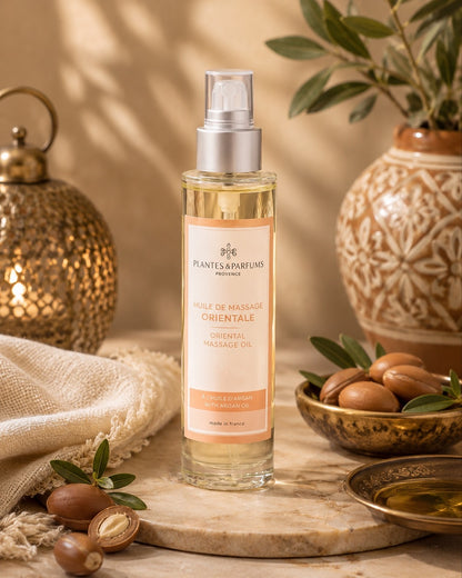 Huile de massage à pompe 100 ml, Oriental à l’huile d’Argan de Plantes & Parfums. Contenant en verre, dans son ambiance olfactive.