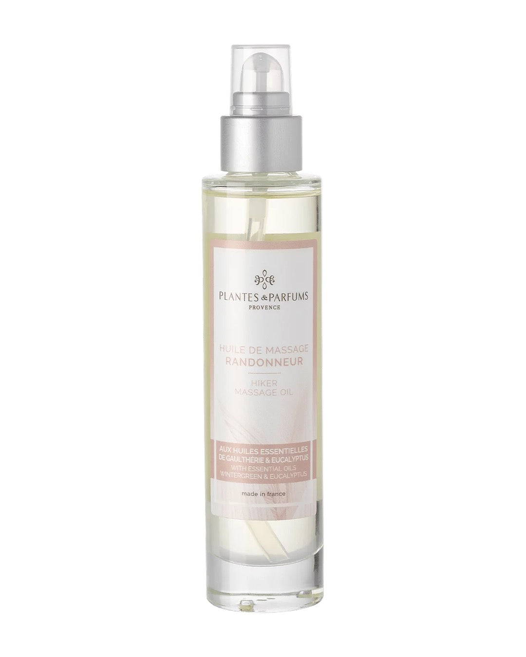 Huile de massage à pompe 100 ml, Randonneur de Plantes & Parfums. Contenant en verre.