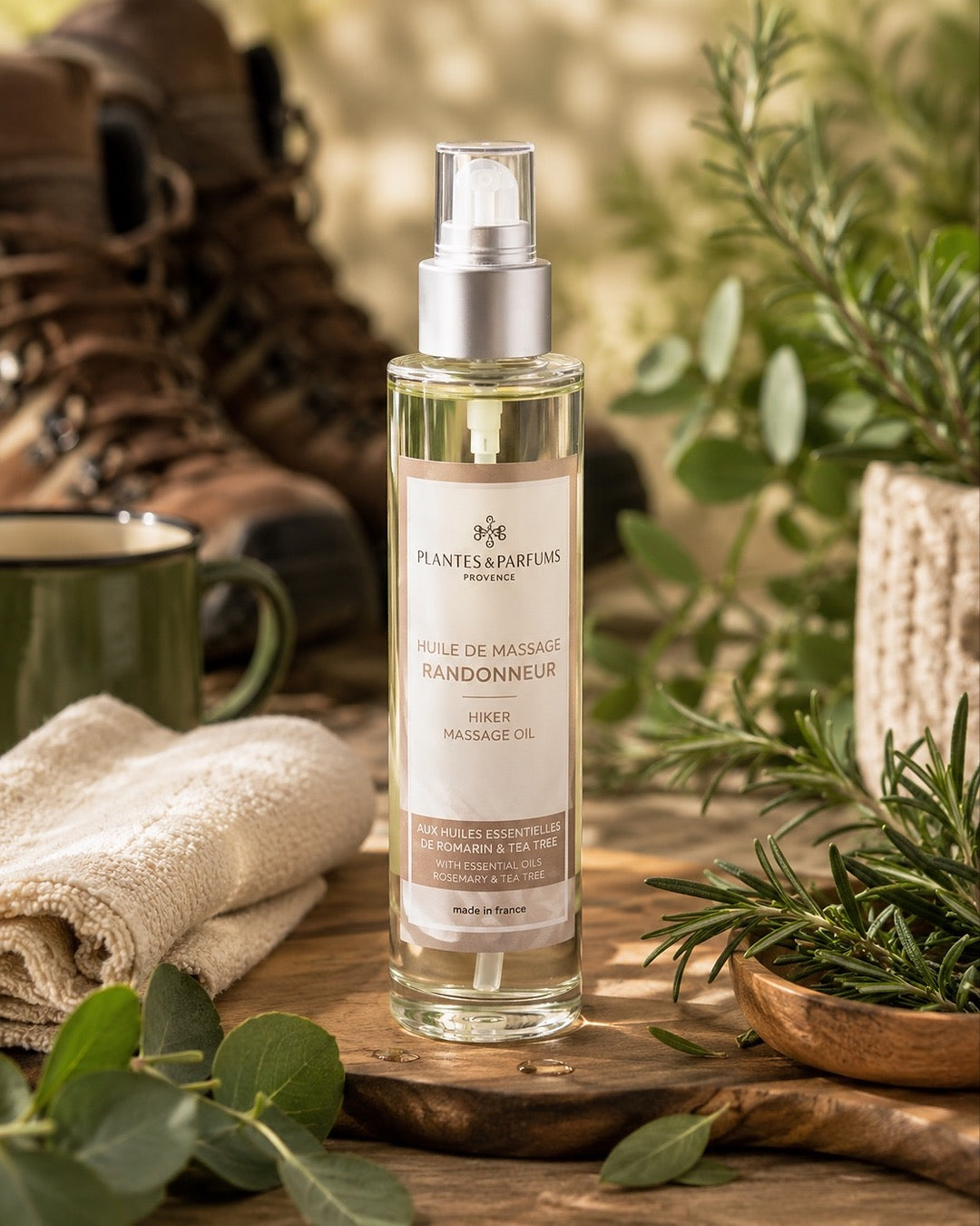 Huile de massage à pompe 100 ml, Randonneur de Plantes & Parfums. Contenant en verre, dans son ambiance olfactive.