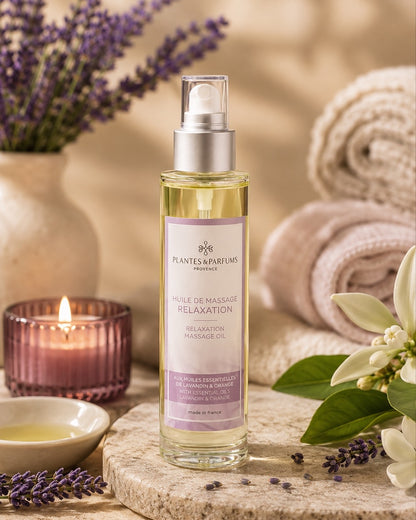 Huile de massage à pompe 100 ml, Relaxation de Plantes & Parfums. Contenant en verre, dans son ambiance olfactive.