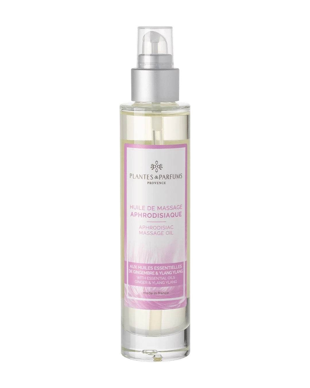 Huile de massage à pompe 100 ml, Sensuelle de Plantes & Parfums. Contenant en verre.