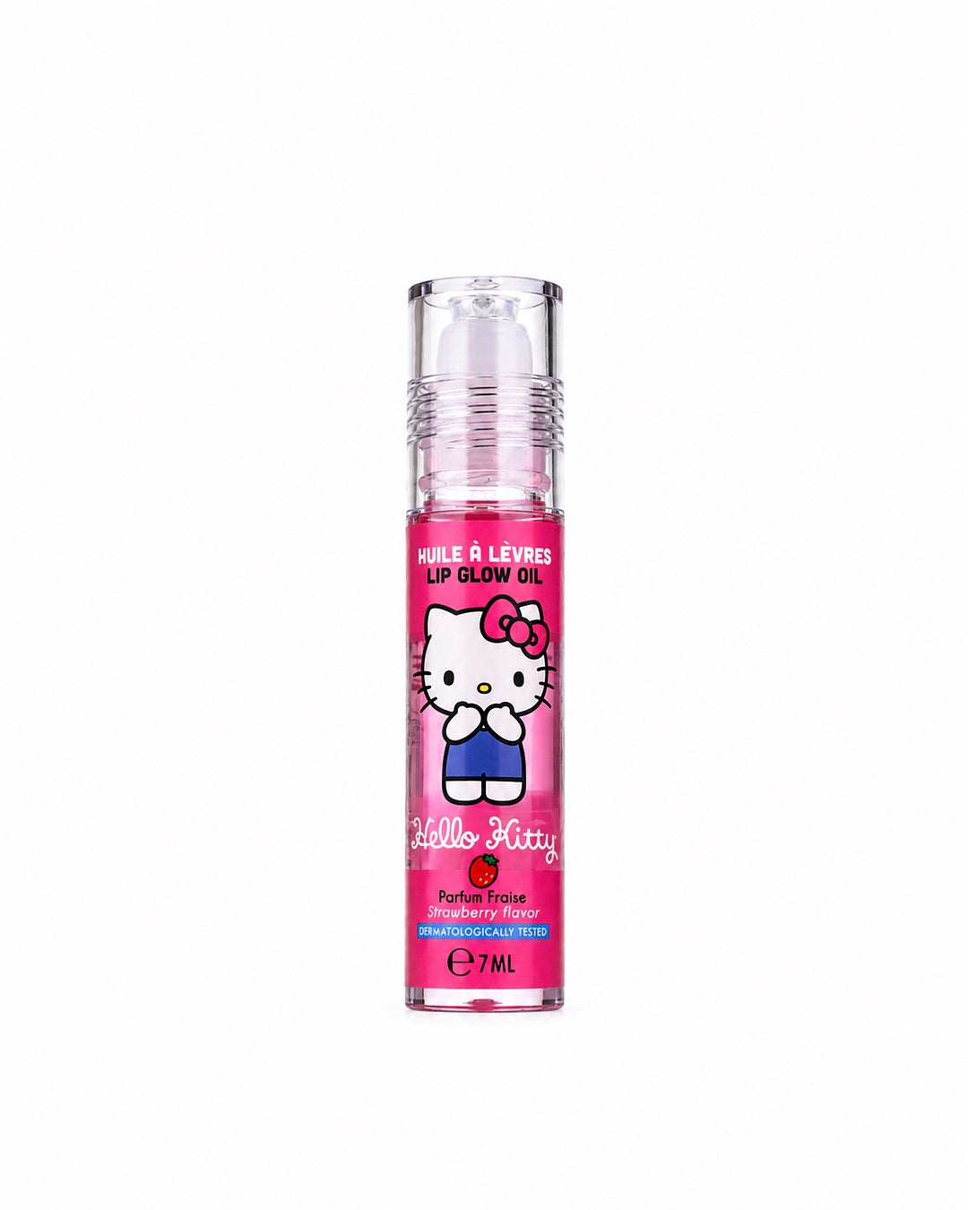 Vue de face du flacon applicateur transparent de l’huile à lèvres Hello Kitty Lip Glow Oil de 7 ml au parfum de fraise.