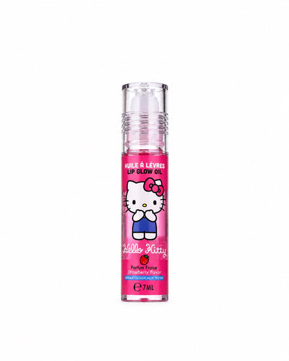 Vue de face du flacon applicateur transparent de l’huile à lèvres Hello Kitty Lip Glow Oil de 7 ml au parfum de fraise.