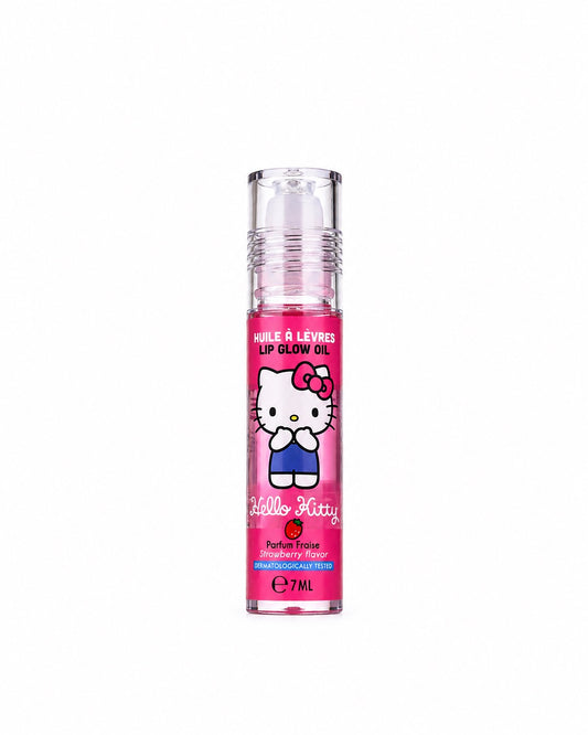 Vue de face du flacon applicateur transparent de l’huile à lèvres Hello Kitty Lip Glow Oil de 7 ml au parfum de fraise.