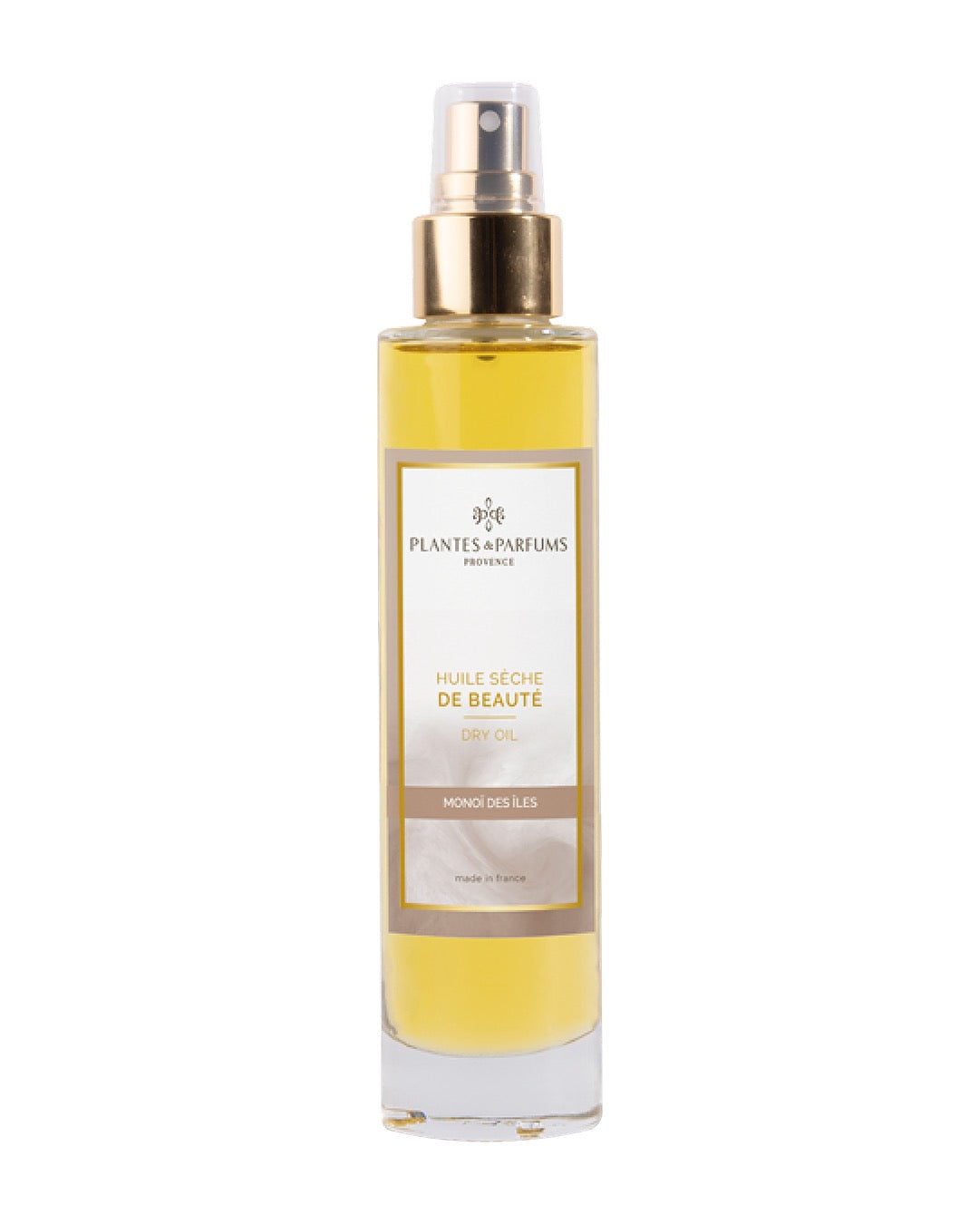 Huile sèche de beautè avec vaporisateur 100 ml, Monoï des îles de Plantes & Parfums. Contenant en verre.